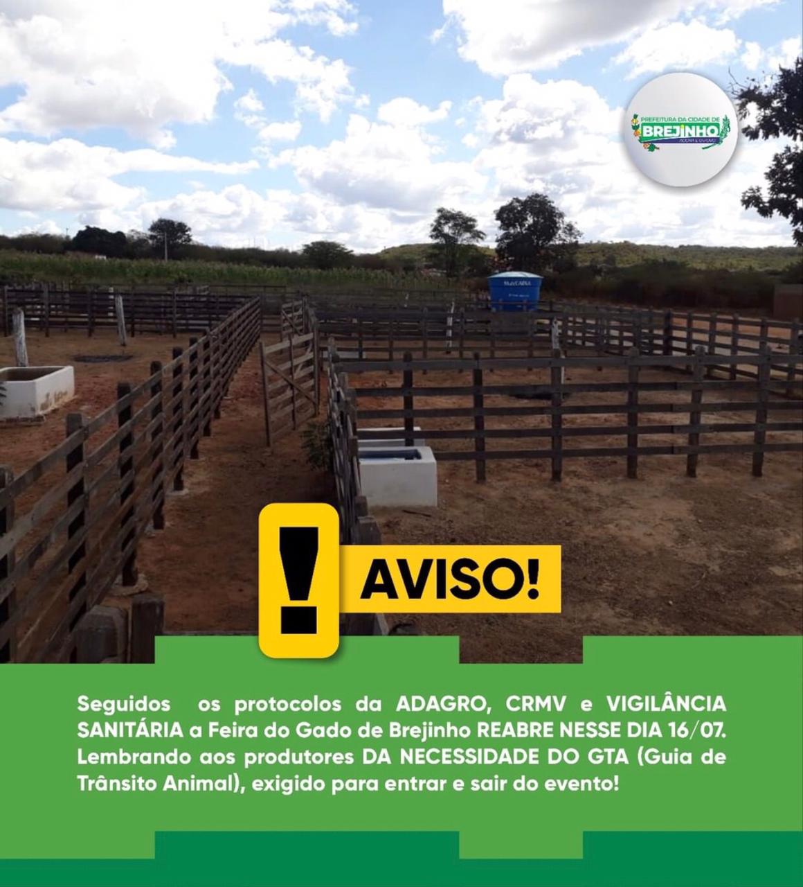 Prefeitura de Brejinho comunica que a volta da feira do gado acontecerá dia 16 de julho
