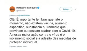 Read more about the article Ministério da Saúde diz em rede social que não há remédio que previna ou cure Covid, mas apaga post