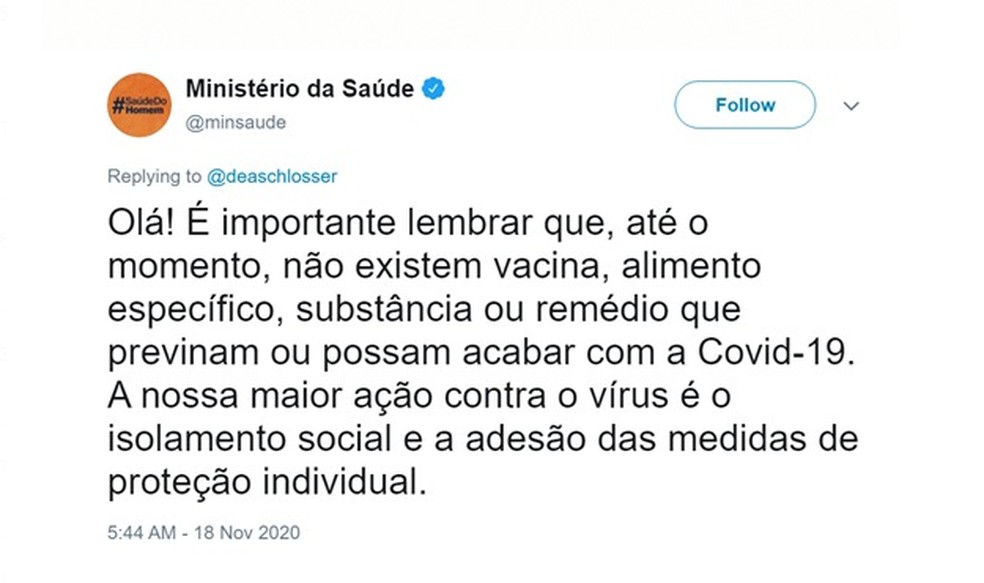 You are currently viewing Ministério da Saúde diz em rede social que não há remédio que previna ou cure Covid, mas apaga post