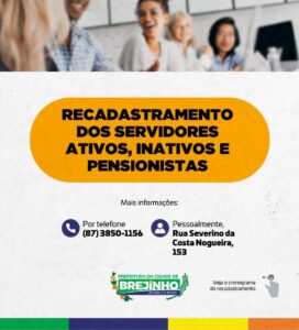Read more about the article Prefeitura de Brejinho inicia recadastramento de servidores e inativos nesta segunda (11)
