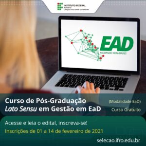 Read more about the article IFRO e polo da UAB de SJE estão com inscrições abertas Pós-Graduação Lato Sensu em Gestão em Educação a Distância (EaD)