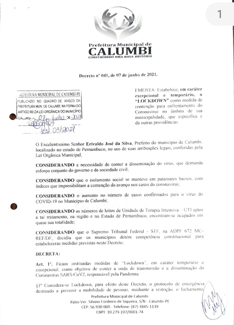 You are currently viewing Calumbi é 1ª cidade do Pajeú a decretar fechamento total em 2021
