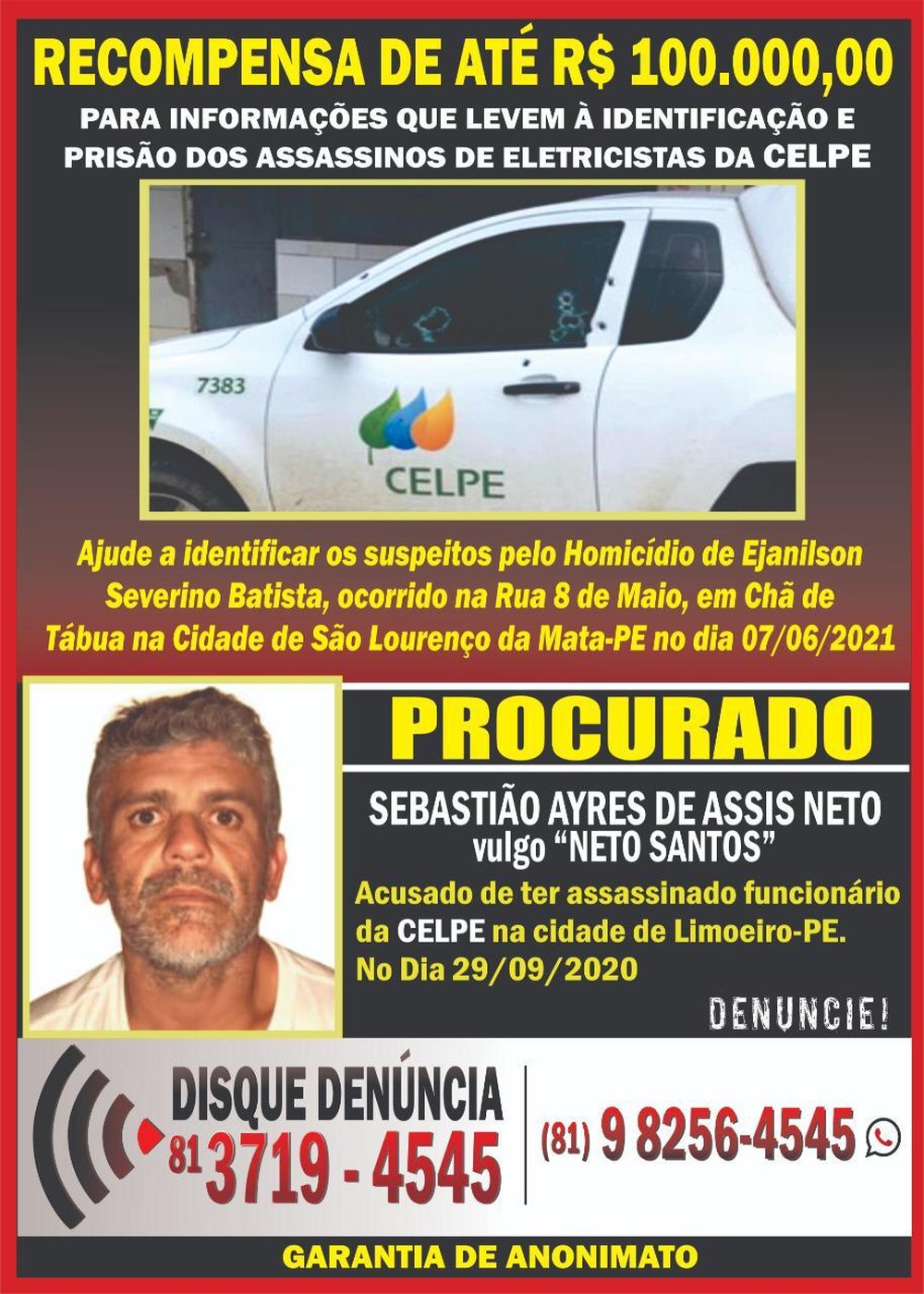 You are currently viewing Disque-denúncia e Celpe oferecem recompensa de até R$ 100 mil por informações sobre assassinos de eletricistas