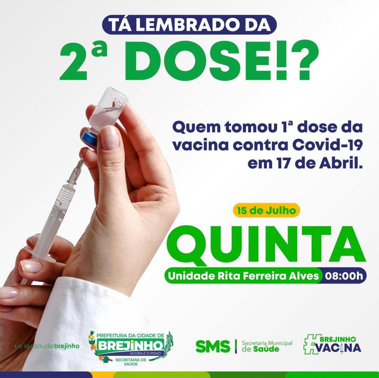 Read more about the article Secretaria de Saúde de Brejinho lembra população da 2ª dose da vacina contra a covid-19
