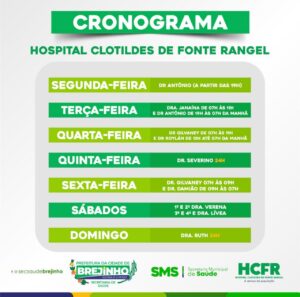 Read more about the article Prefeitura de Brejinho divulga cronograma de atendimento da semana no Hospital Clotildes Rangel