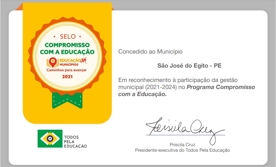 São José do Egito é um dos 151 municípios brasileiros que vão receber o Selo Compromisso com a Educação