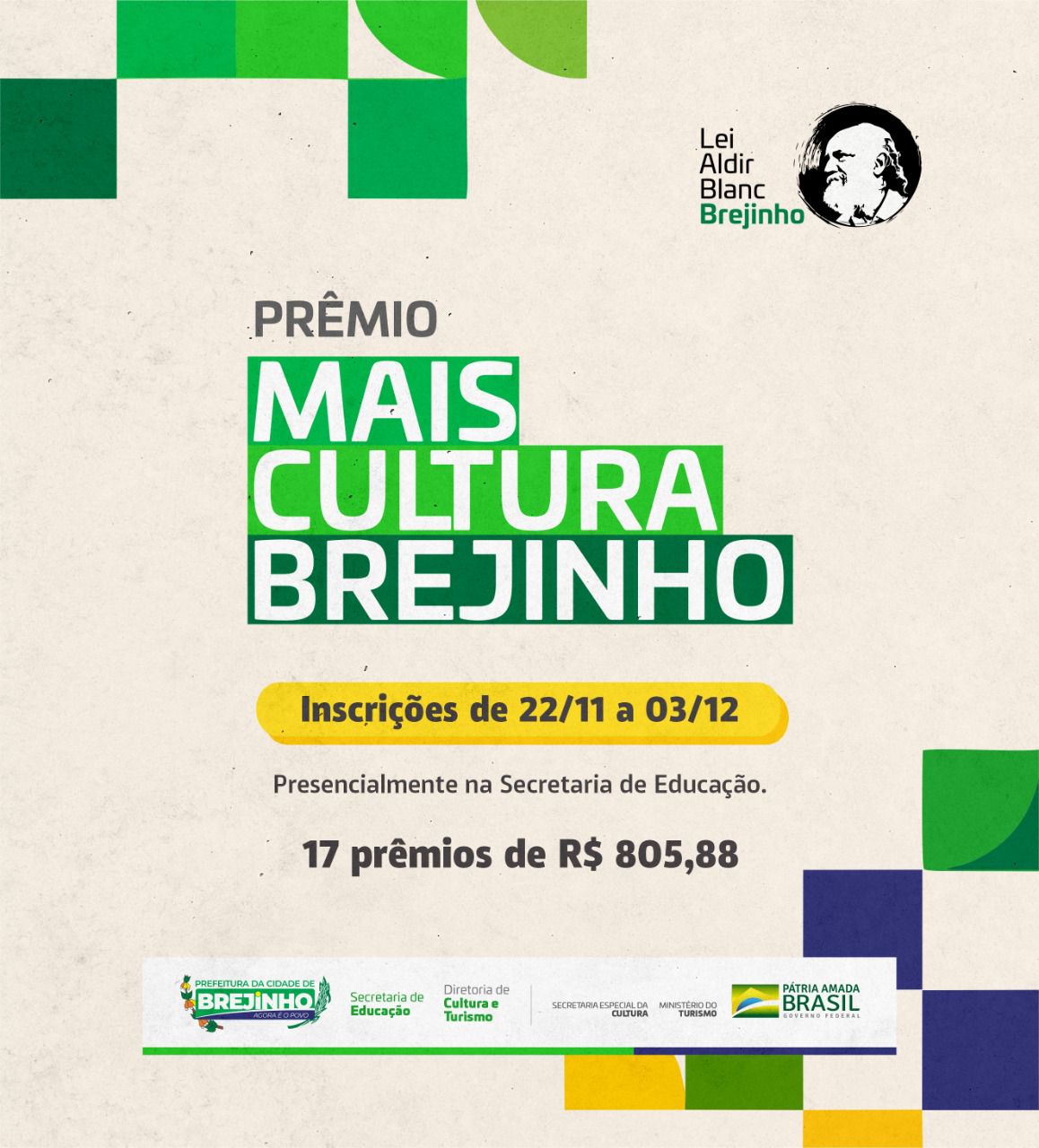 Inscrições para o Prêmio Mais Cultura Brejinho seguem até o dia 03 de dezembro