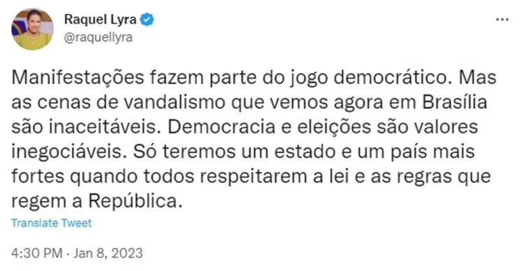 You are currently viewing Raquel Lyra condena atos criminosos de bolsonaristas radicais que invadiram Congresso Nacional, Palácio do Planalto e STF