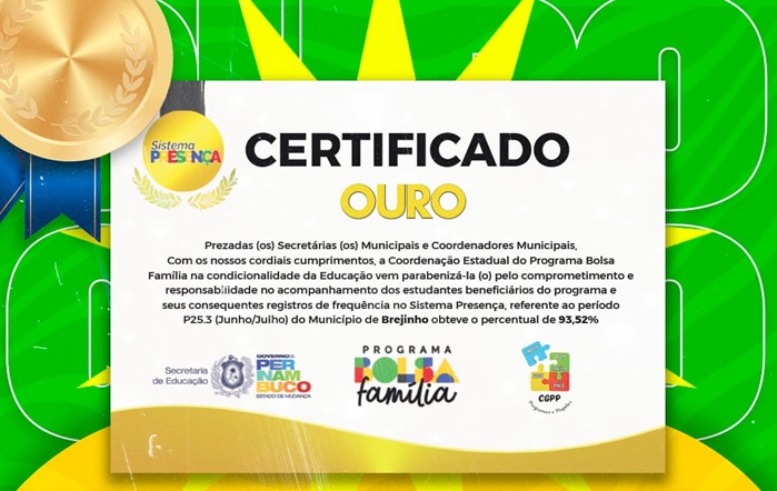 Read more about the article Brejinho conquista Selo Ouro no acompanhamento de estudantes do Bolsa Família com 93,25% de excelência